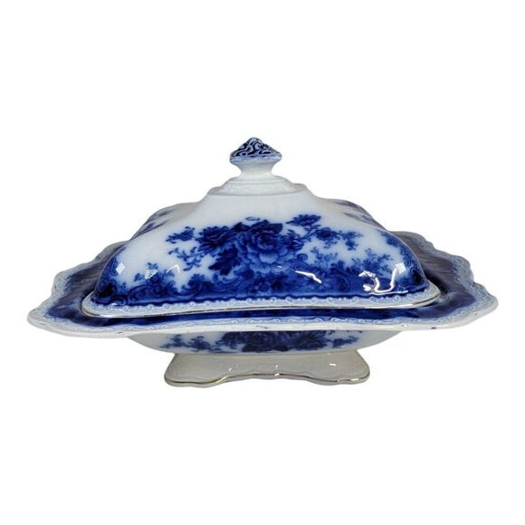 Antique Wedgwood Blue China Covered Vegetable Dish Serving Bowl Roses England - Picture 1 of 11